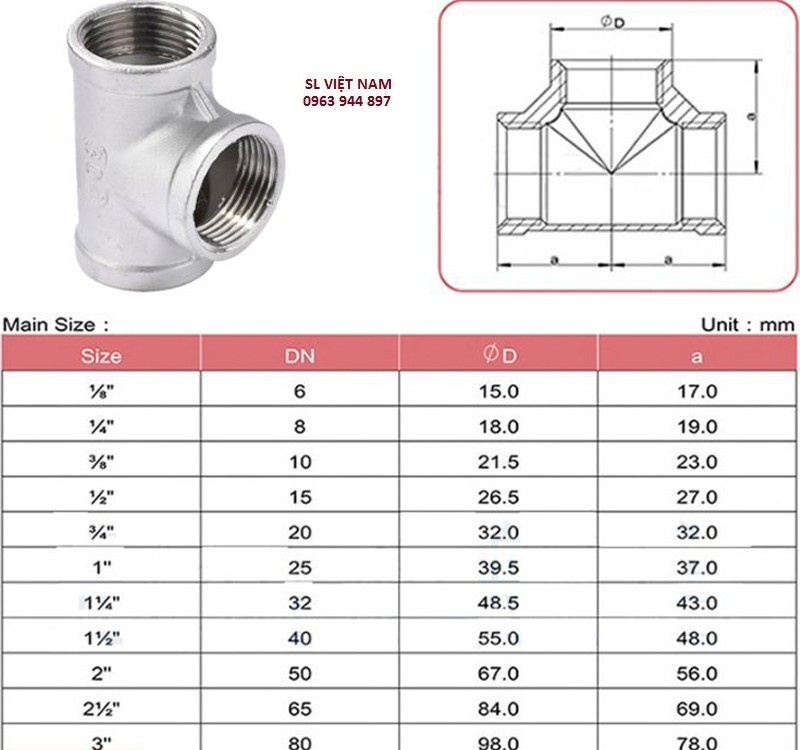 Tê ren đều inox | inox 201-304-316 | kích cỡ DN15-DN500...